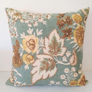 Pottery Barn 18x18 Throw Pillow Wood Beads Leaves Floral Blue Cream Down Feather